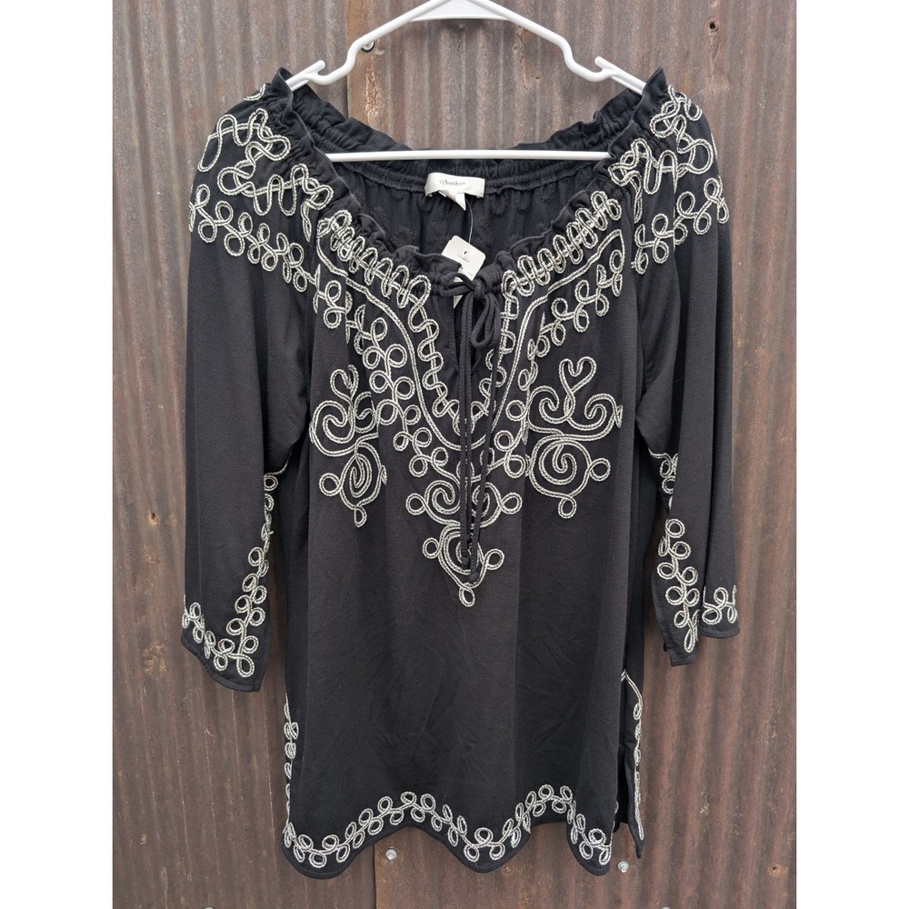 CJ Banks Embroidered Tunic Size 14 Black Scroll Resort Wear Flowy Artsy Vacation